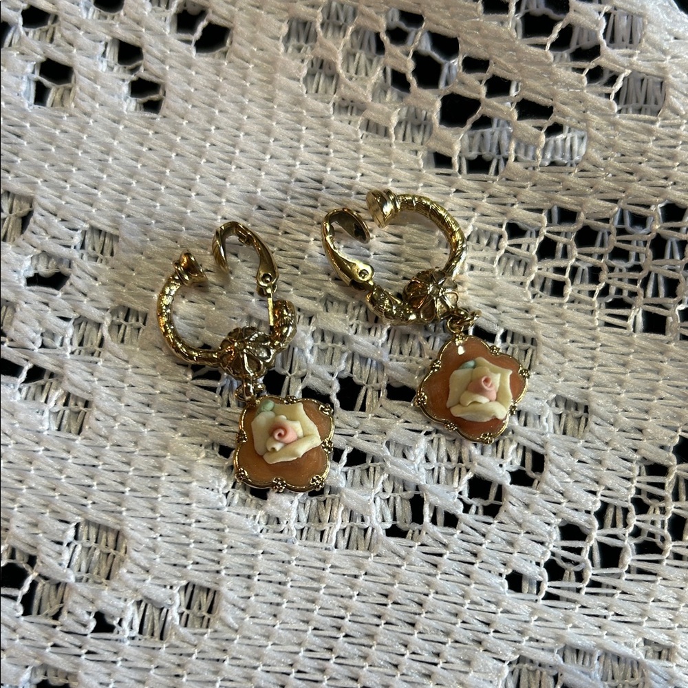 Floral Gold Tone Clip On Earrings